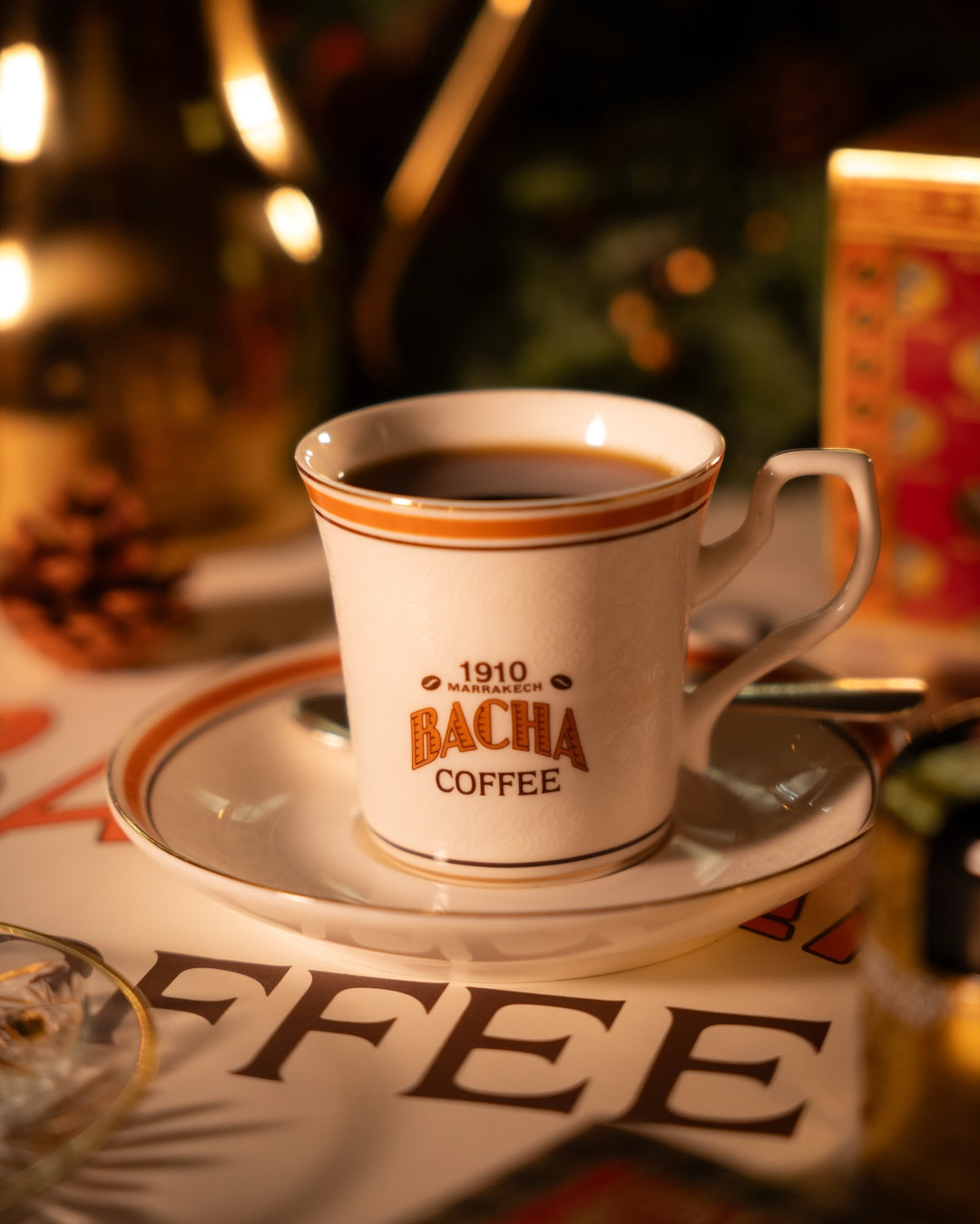 Bacha Coffee cup on a saucer with a blurred background