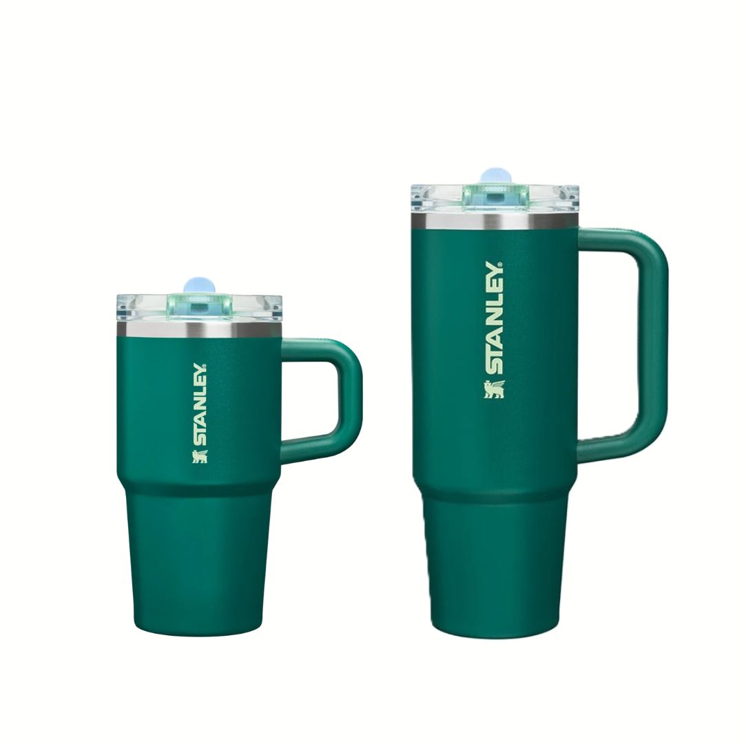 Bộ sưu tập ly Stanley với nhiều màu sắc và phụ kiện đi kèm như ống hút, quai đeo, ốp đáy