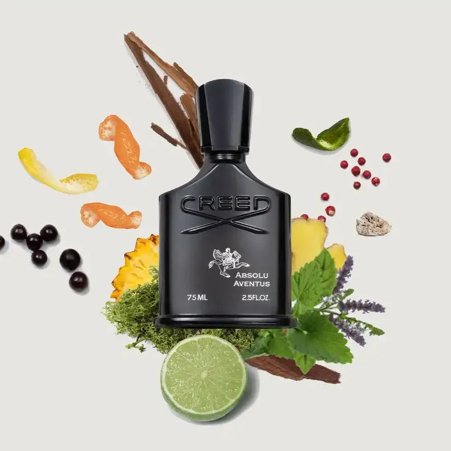 Black Creed perfume bottle surrounded by natural elements on a light gray background