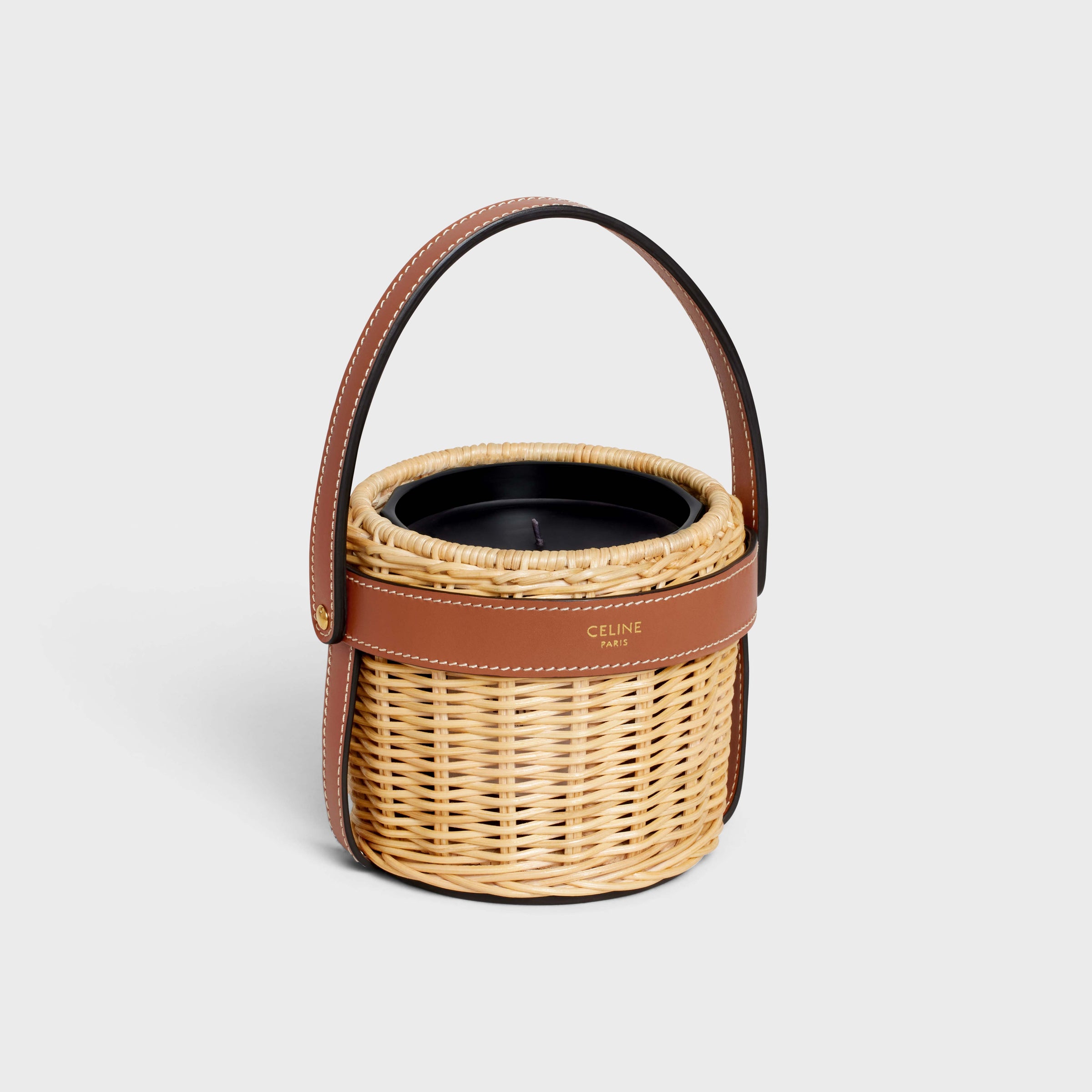 Vỏ Đựng Nến Thơm CELINE Candle Holder In Rattan And Calfskin #Tan
